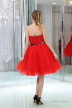 Red Sequined Tulle Strapless Homecoming Dresses