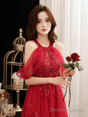Red Sequins And Beaded Off Shoulder Long Prom Dress, Red A-Line Party Dress