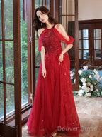 Red Sequins And Beaded Off Shoulder Long Prom Dress, Red A-Line Party Dress