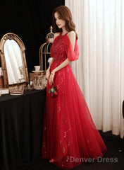 Red Sequins And Beaded Off Shoulder Long Prom Dress, Red A-Line Party Dress