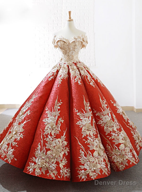 Red Sequins Ball Gown Appliques Off The Shoulder Wedding Dress Main image