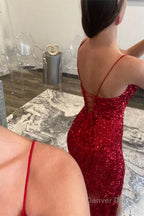 Red Sequins Glitter Prom Dresses with Slit