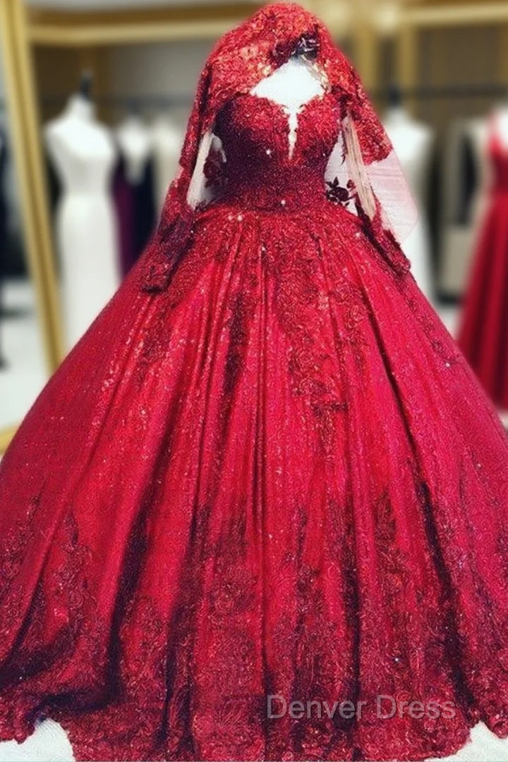 Red Sequins Lace Wedding Dresses Ball Gown Long Sleeves Main image