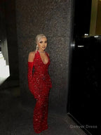 Red Sequins Long Prom Dress Sheath Deep V Neck Evening Dress