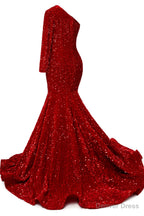 Red Sequins Mermaid Prom Dress One Shoulder Prom Dresses Floor Length Wedding Prom Gown