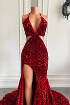 Red Sequins Prom Dress High Slit Halter