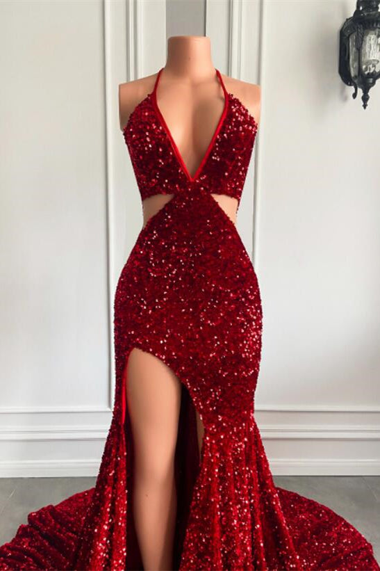 Red Sequins Prom Dress High Slit Halter
