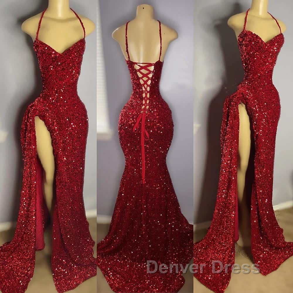 Red Sequins Prom Dresses High Slit Halter Sleeveless Sparkly Long Party Evening Dresses for Black Girls