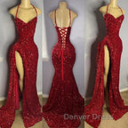 Red Sequins Prom Dress High Slit Halter Sleeveless Sparkly Long Prom Dresses for Black Girls