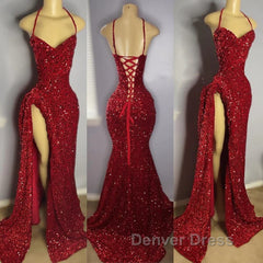 Vestido de graduación de lentejuelas rojas High Slit Halter sin mangas, vestidos de noche de fiesta larga para niñas negras