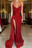 Red Sequins Prom Dress High Slit Halter Sleeveless Sparkly Long Prom Dresses for Black Girls