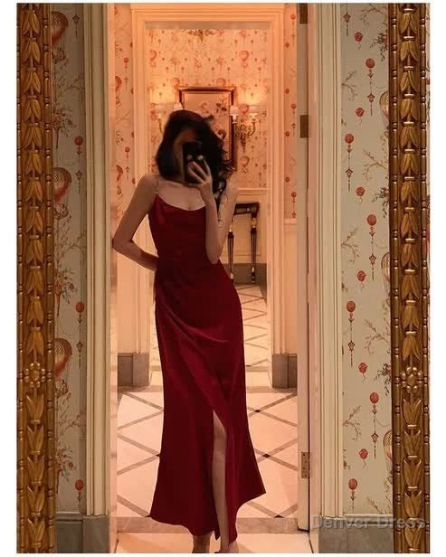 Red Sheath Long Prom Dress Slit Prom Dresses