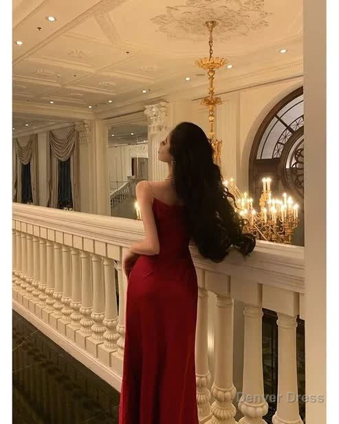 Red Sheath Long Prom Dress Slit Prom Dresses