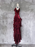 Red Shimmer Asymmetrical Layered Flounce Spaghetti Strap Dresses Evening Gown