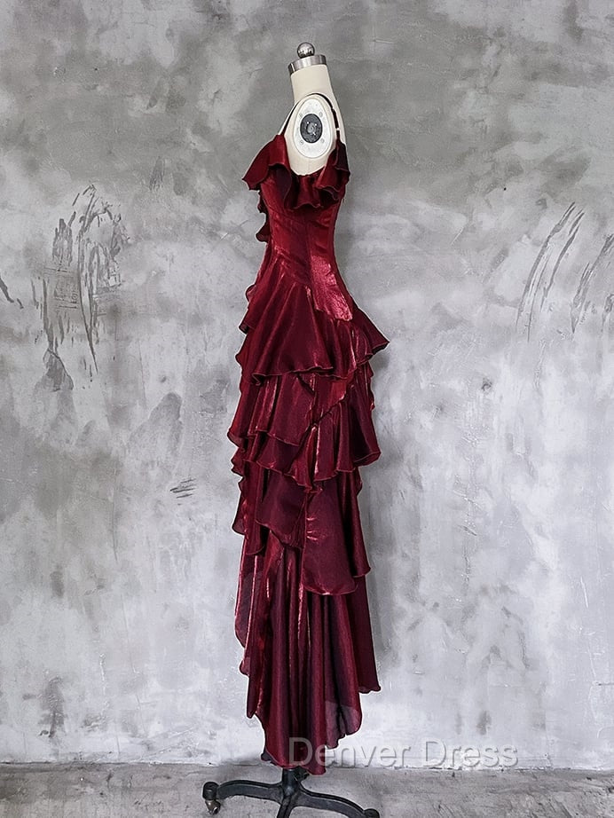 Red Shimmer Asymmetrical Layered Flounce Spaghetti Strap Dresses Prom Gowns Secondary image