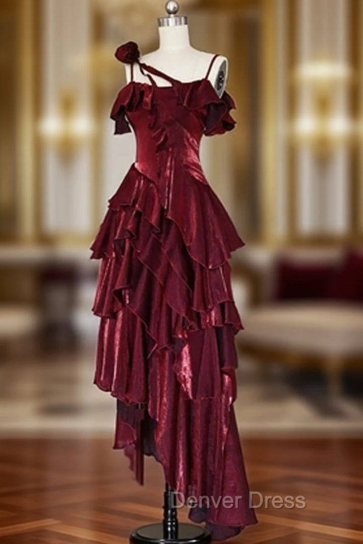 Red Shimmer Asymmetrical Layered Flounce Spaghetti Strap Dresses Evening Gown