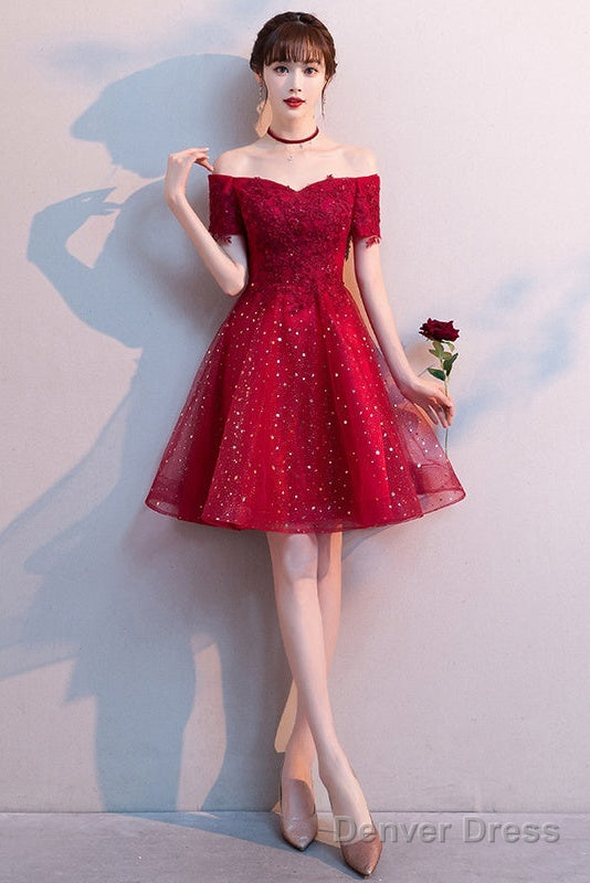 Red Shiny Tulle And Satin Off Shoulder Short Homecoming Dress, Red Prom Dress Secondary image