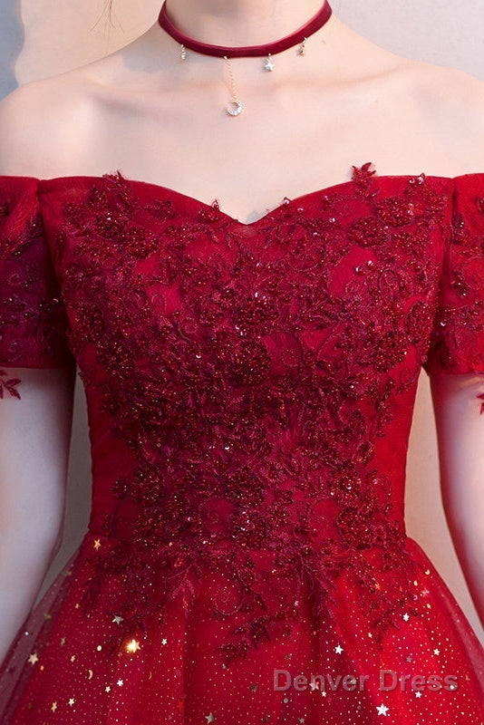 Red Shiny Tulle And Satin Off Shoulder Short Homecoming Dress, Red Prom Dress