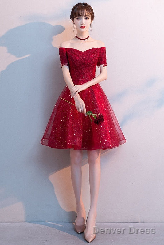 Red Shiny Tulle And Satin Off Shoulder Short Homecoming Dress, Red Prom Dress