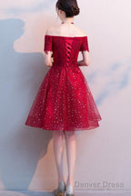 Red Shiny Tulle And Satin Off Shoulder Short Homecoming Dress, Red Prom Dress