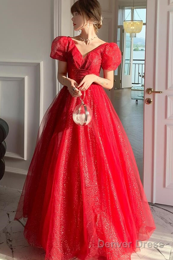 Red Shiny Tulle Short Sleeves Long A-Line Prom Dress, Red Wedding Prom Dresses