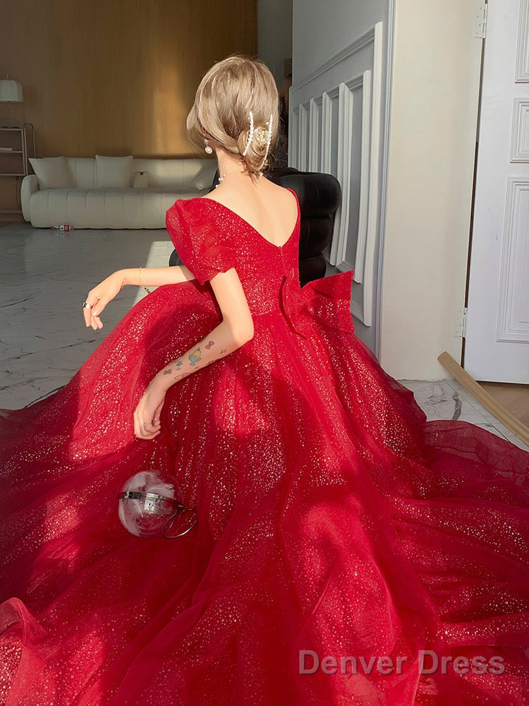 Red Shiny Tulle Short Sleeves Long A-Line Prom Dress, Red Wedding Party Dress