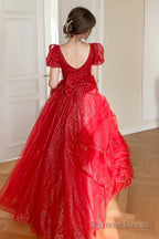 Red Shiny Tulle Short Sleeves Long A-Line Prom Dress, Red Wedding Party Dress
