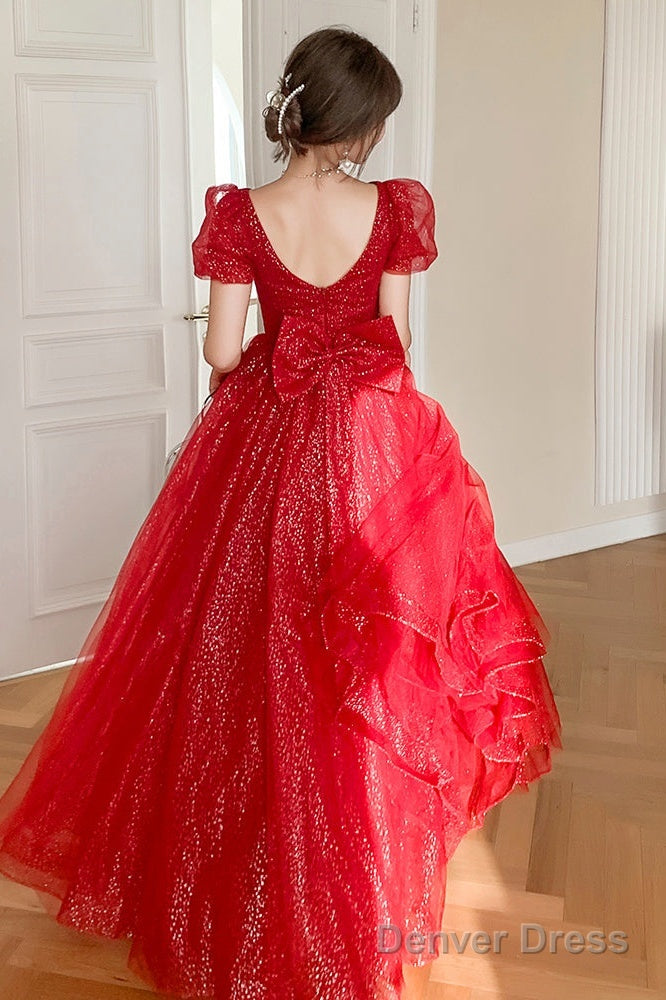 Red Shiny Tulle Short Sleeves Long A-Line Prom Dress, Red Wedding Party Dress