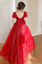 Red Shiny Tulle Short Sleeves Long A-Line Prom Dress, Red Wedding Prom Dresses