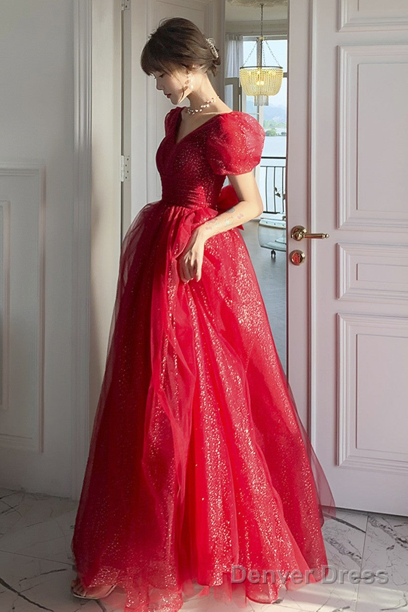 Red Shiny Tulle Short Sleeves Long A-Line Prom Dress, Red Wedding Party Dress Main image