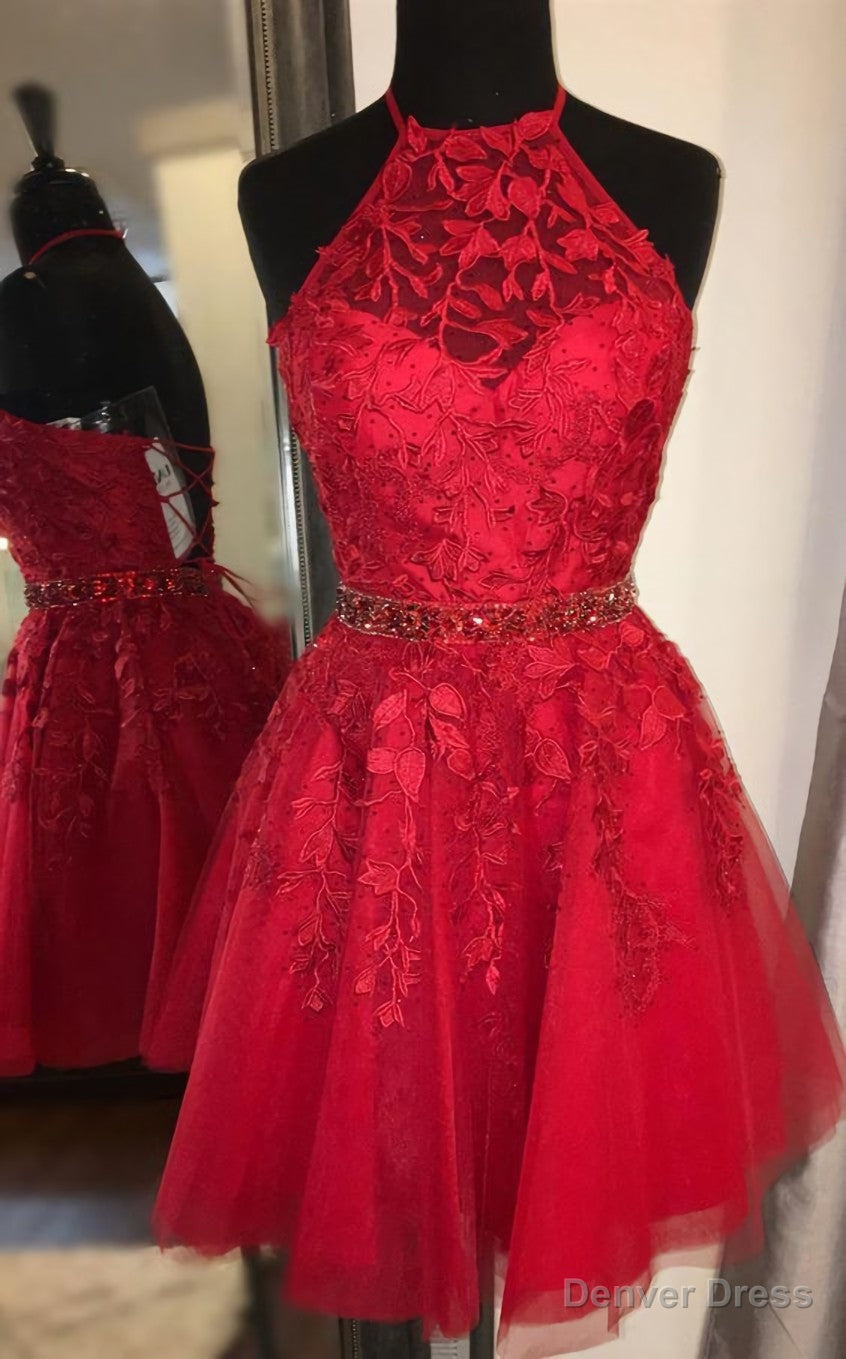Red Short Homecoming Dress,Prom Lace Hoco Dresses with Beading