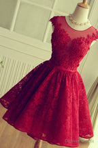 Red Short Lace Homecoming Dress,Knee length Prom Dresses,Prom Gowns