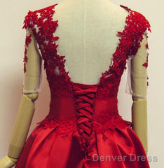 Red Short Sleeves Satin And Applique Homecoming Dresses, Red Short Prom Dresses, Formal Dress