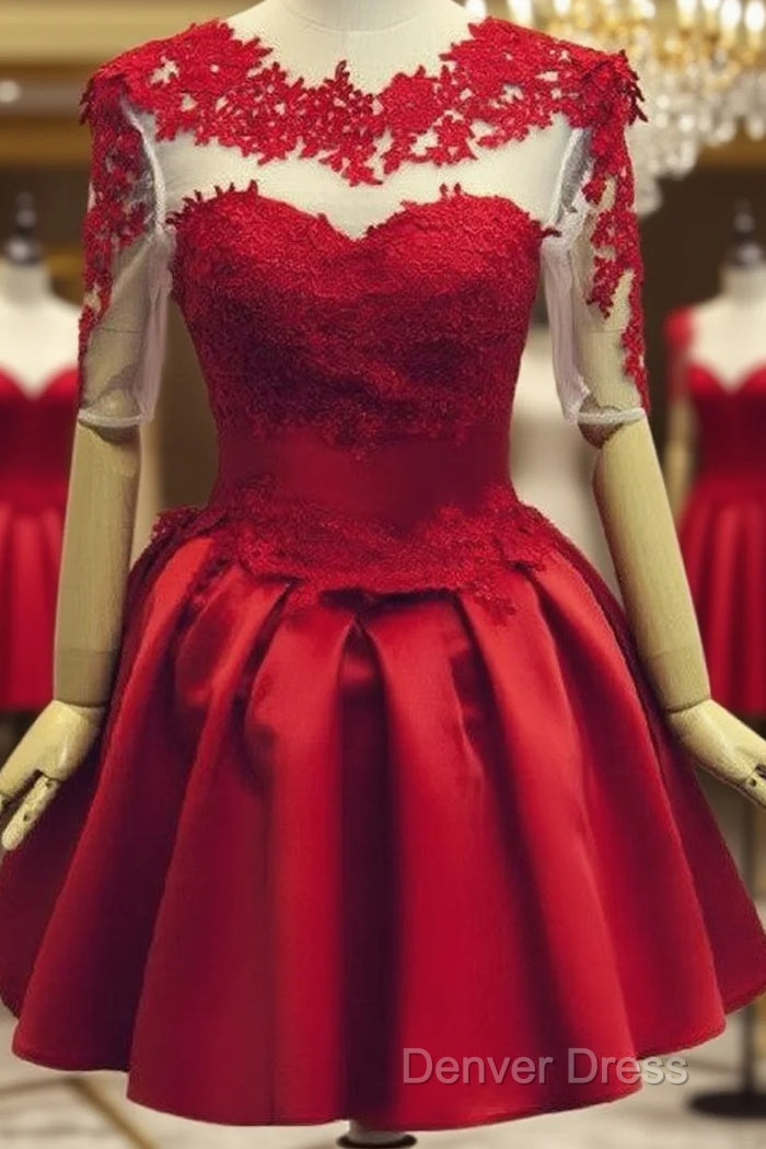 Red Short Sleeves Satin And Applique Homecoming Dresses, Red Short Prom Dresses, Formal Dresses Main image