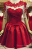 Red Short Sleeves Satin And Applique Homecoming Dresses, Red Short Prom Dresses, Formal Dresses