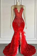 Red Sleeveless Sequins Mermaid Prom Dress With Front Slit Beadings And Feathers