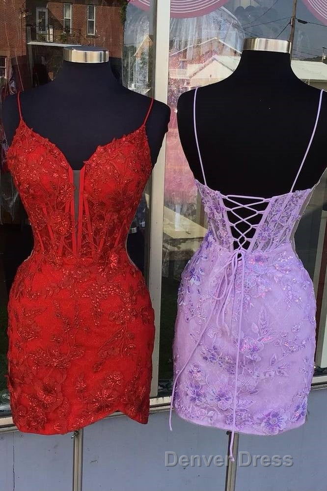 Red Spaghetti Straps Applique Tight Homecoming Dresses