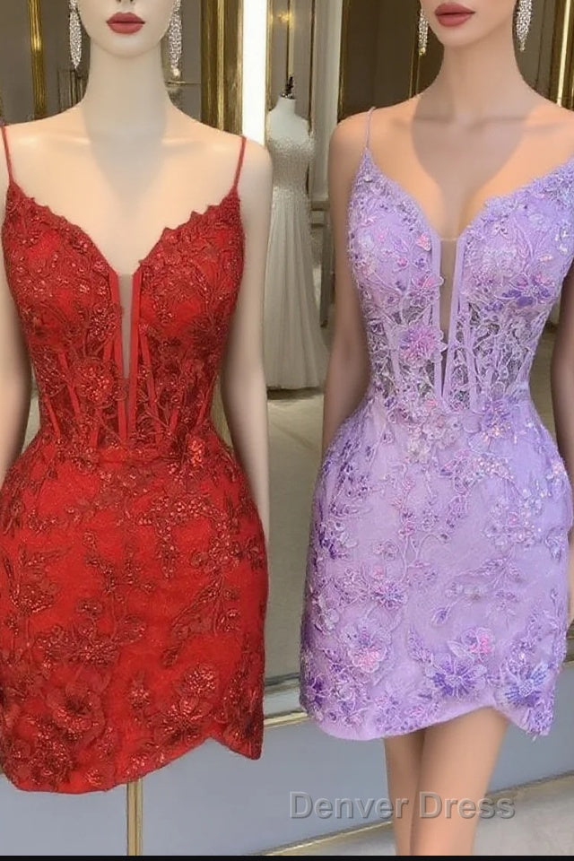 Red Spaghetti Straps Applique Tight Homecoming Dresses