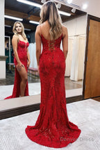 Red Spaghetti Straps Appliques Prom Dresses with Slit