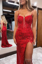 Red Spaghetti Straps Appliques Prom Dresses with Slit