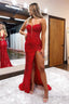 Red Spaghetti Straps Appliques Prom Dresses with Slit
