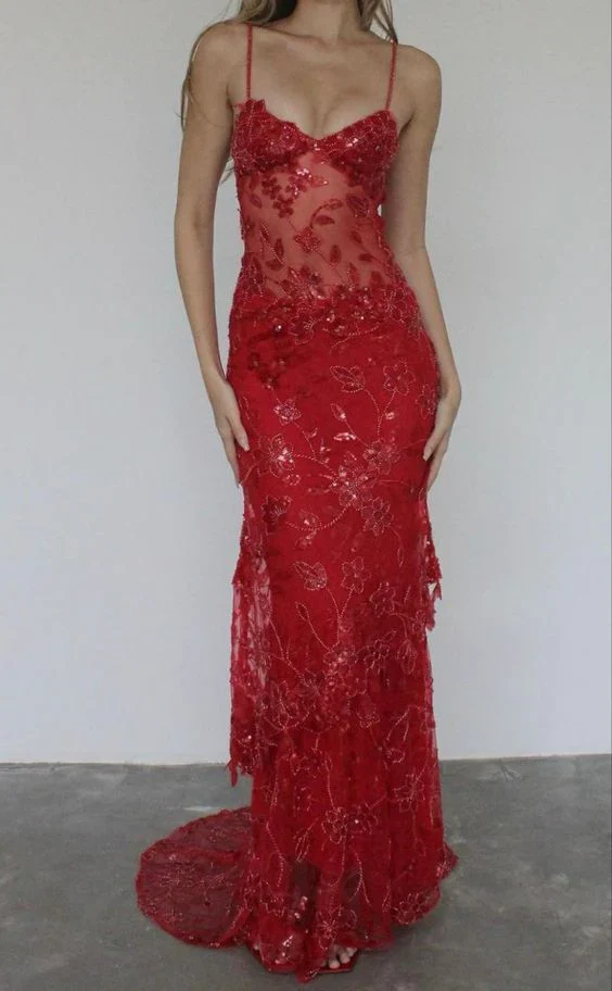 Red Spaghetti Straps Lace Beading Gorgeous Mermaid Prom Dresses