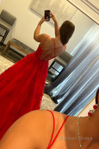 Red Spaghetti Straps Long Prom Dresses with Appliques