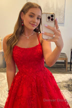Red Spaghetti Straps Long Prom Dresses with Appliques