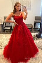 Red Spaghetti Straps Long Prom Dresses with Appliques