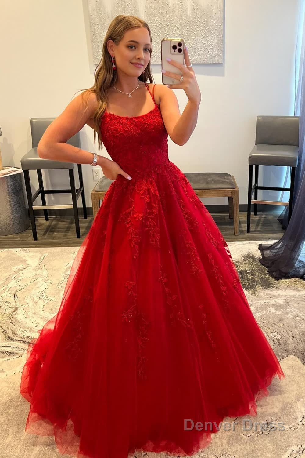 Red Spaghetti Straps Long Prom Dresses with Appliques