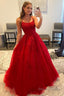 Red Spaghetti Straps Long Prom Dresses with Appliques