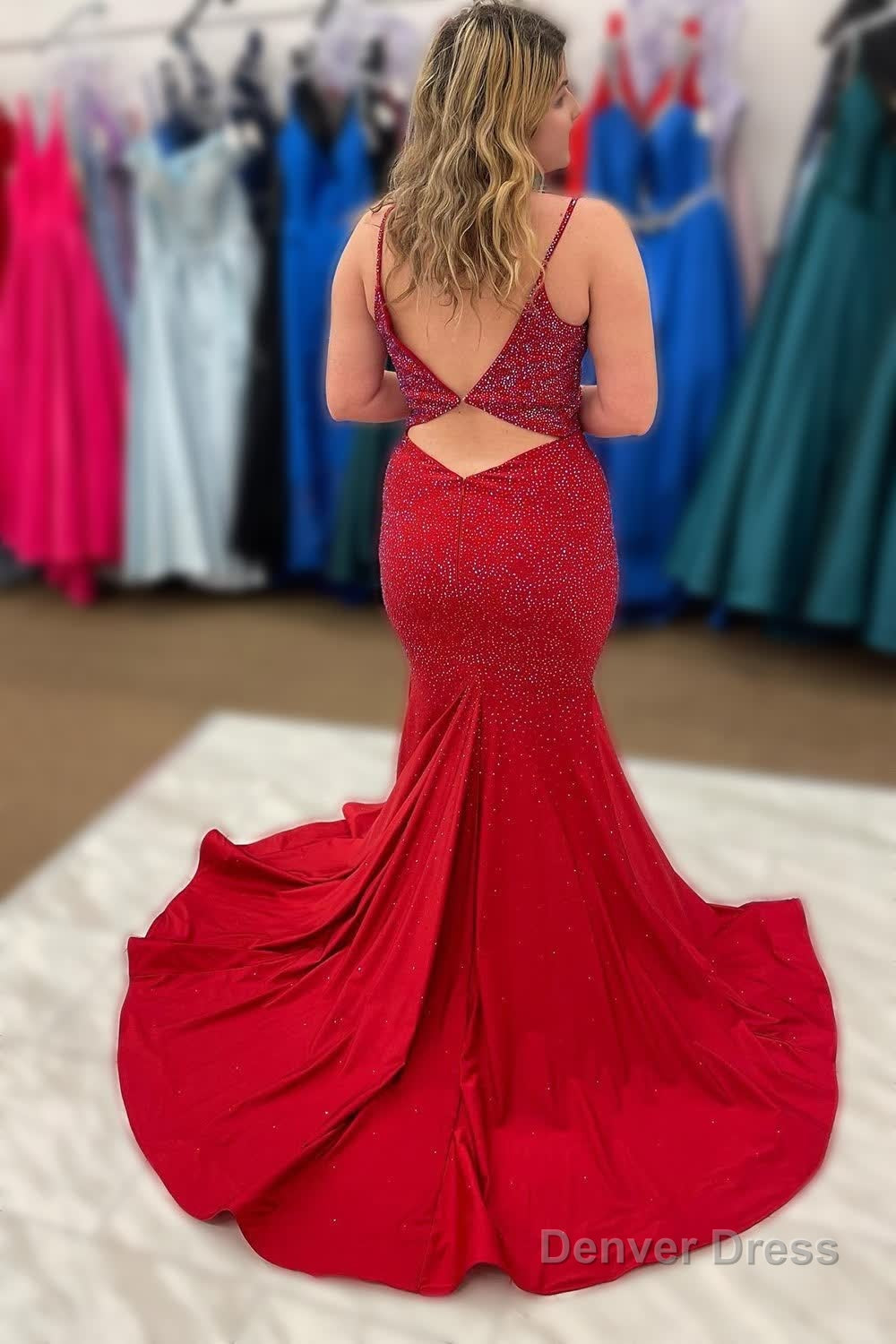 Red Spaghetti Straps Mermaid Beading Prom Dress Secondary image