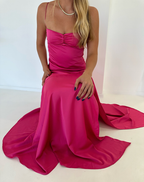 Vintage Satin Spaghetti Strap Ruched High Slit Prom Gowns