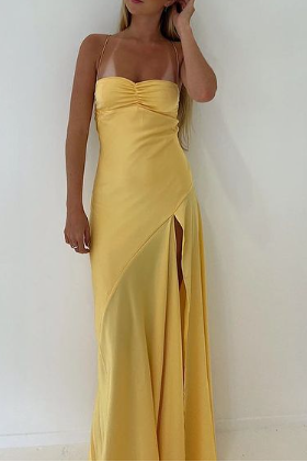 Vintage Satin Spaghetti Strap Ruched High Slit Prom Gowns